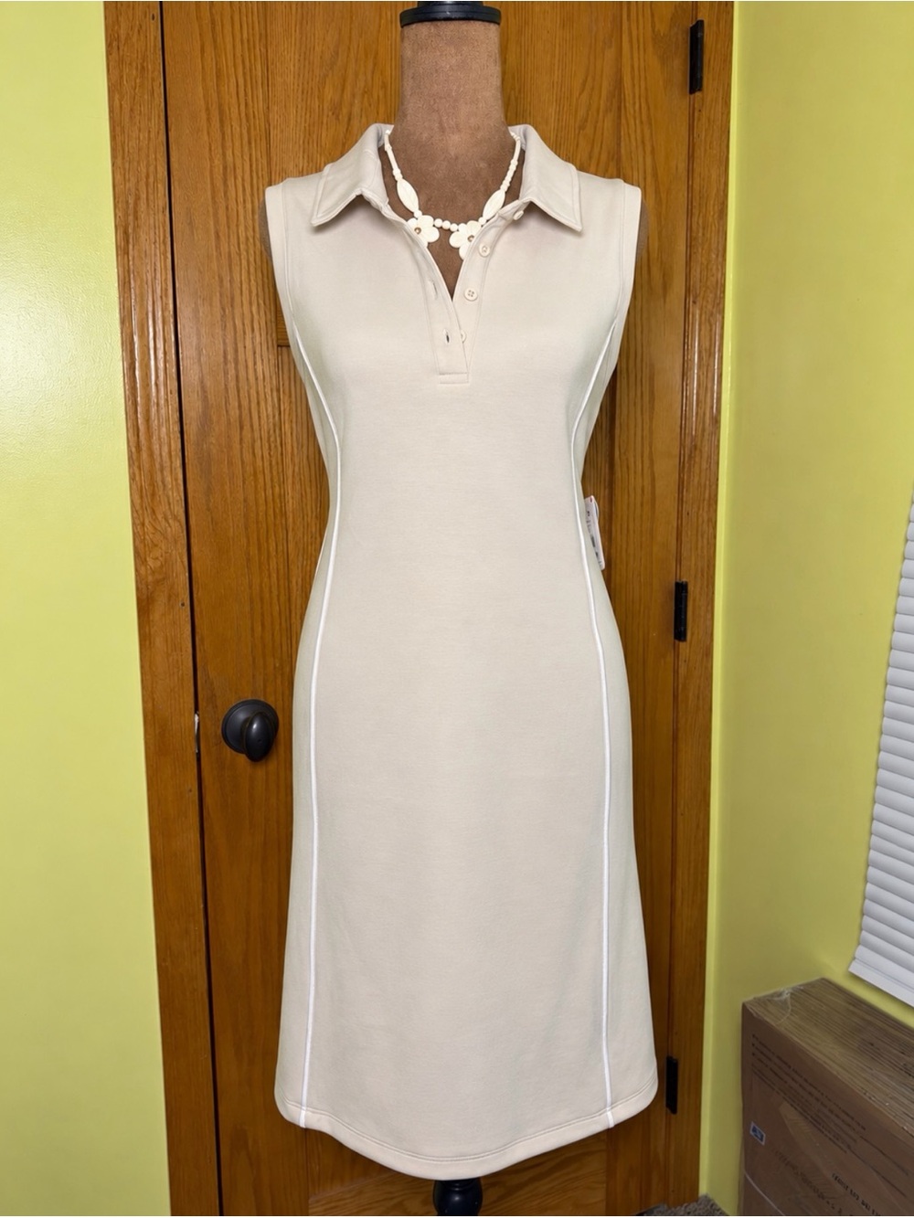 Reebok Sleeveless Polo Midi Dress in Beige with White Piping
